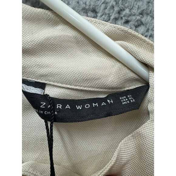 Zara Women Shirt Womens XL Beige cream Blouse Fur Cuffs Mock Neck Back Zipper - Picture 4 of 10